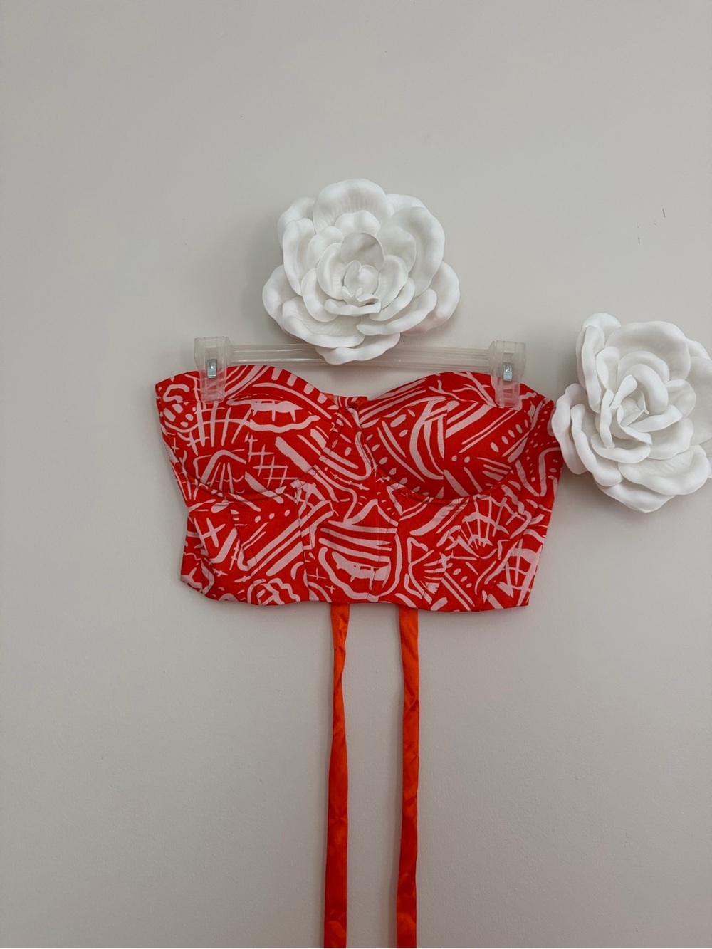 Hot Orange Abstract Print Strapless Crop Top